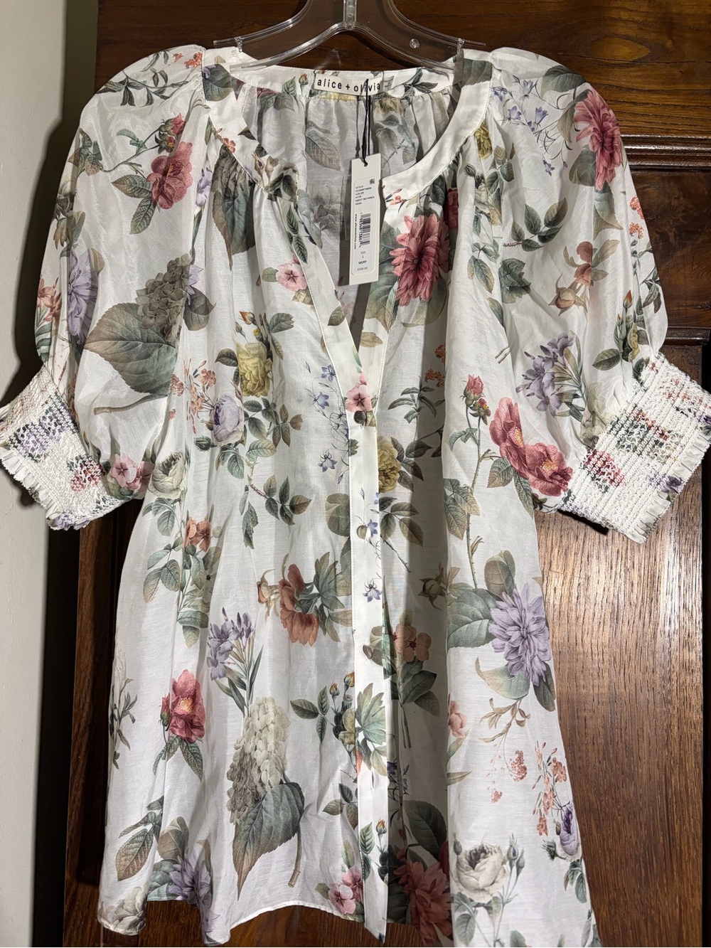 Alice + Olivia White Floral Button-Down Peasant Blouse NWT